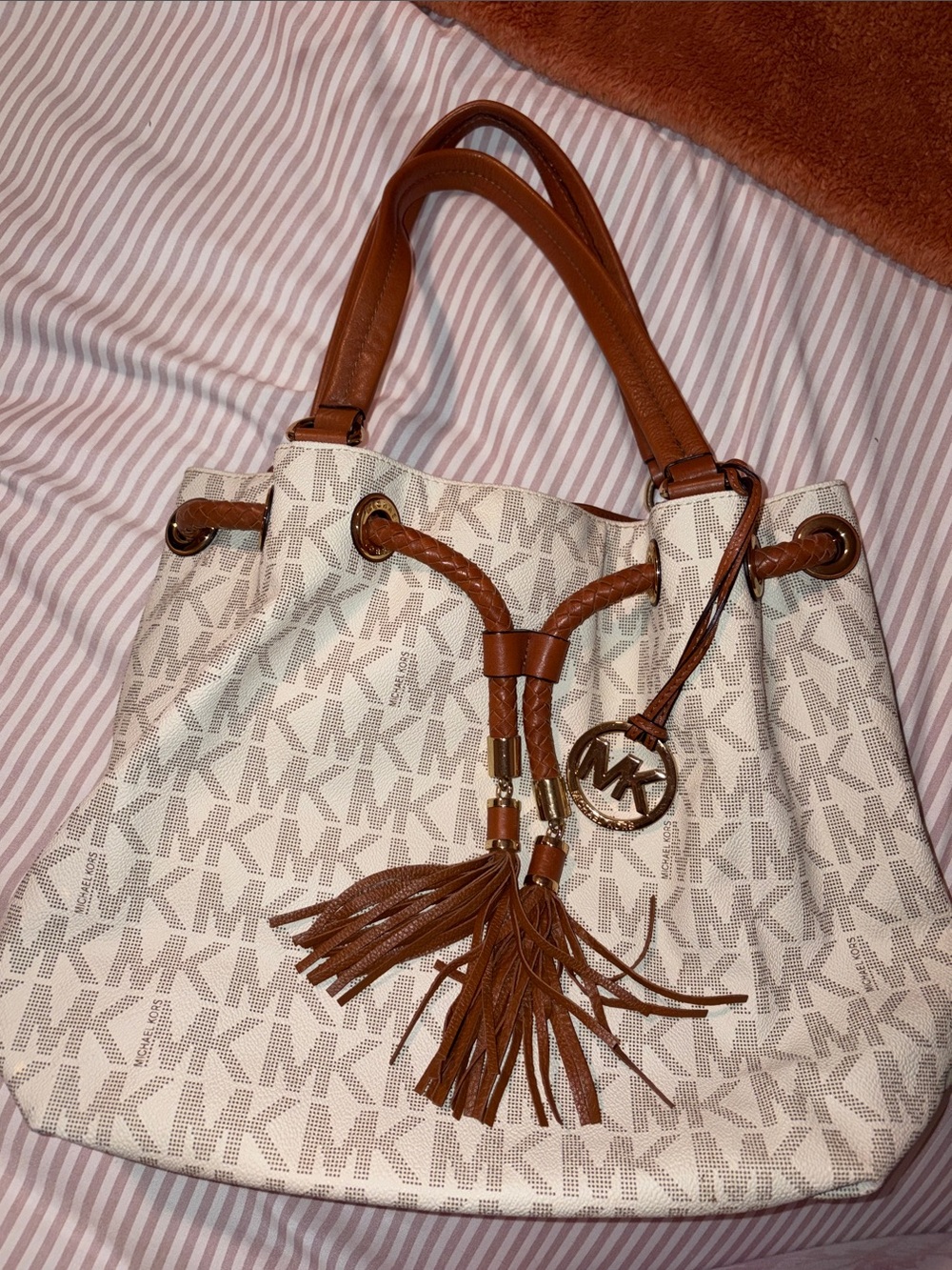 Michael Kors White Logo Drawstring Shoulder Bag with Brown Trim